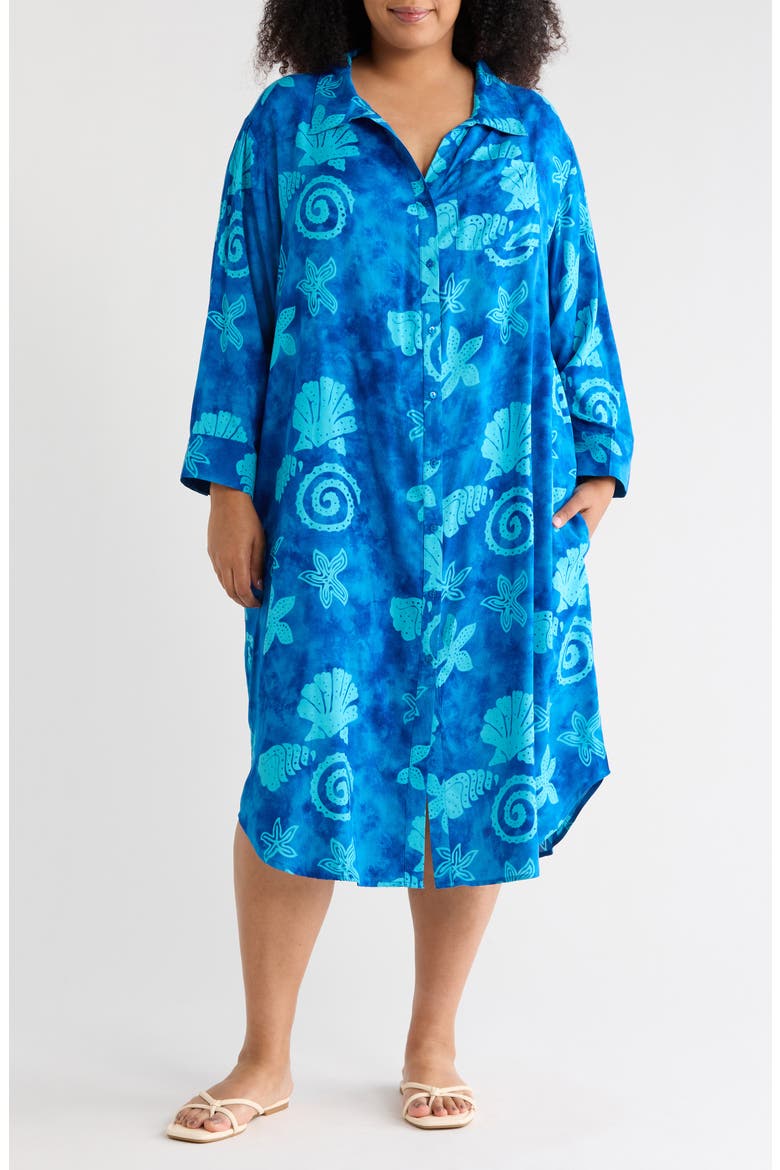 Tropical Long Sleeve Shirtdress, Main, color, BLUE
