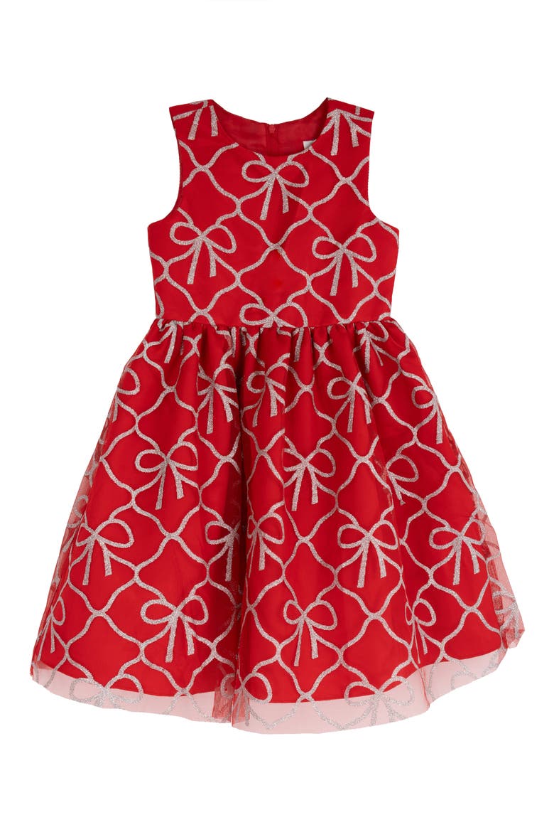 Kids' Bow Print Glitter Mesh Dress, Main, color, RED