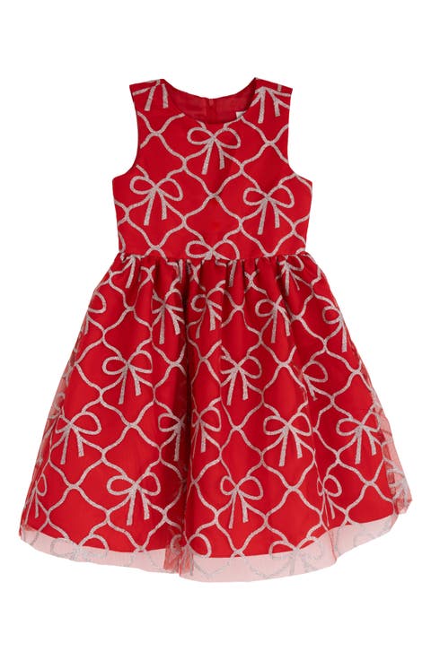 Kids' Bow Print Glitter Mesh Dress