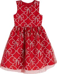 Rare Editions Kids' Bow Print Glitter Mesh Dress