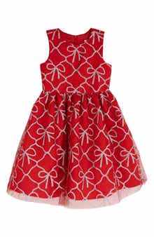 Kids' Bow Print Glitter Mesh Dress