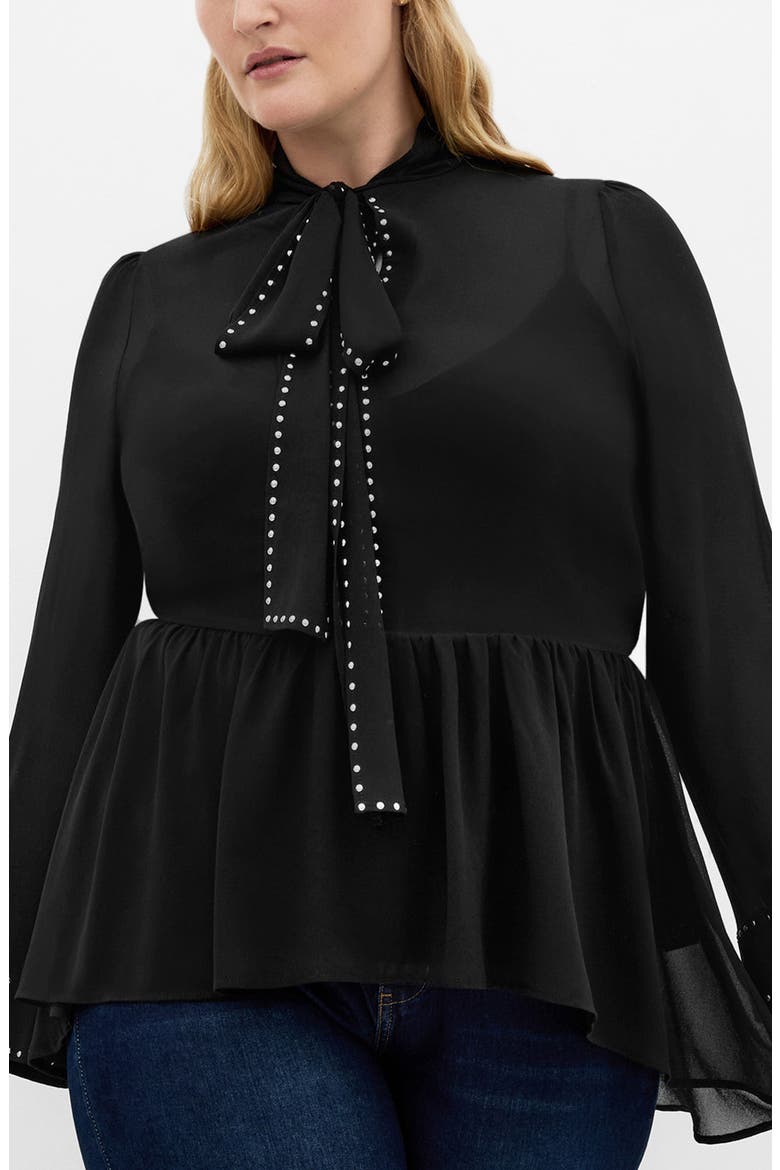 Kara Studded Pussybow Sheer Top, Main, color, BLACK