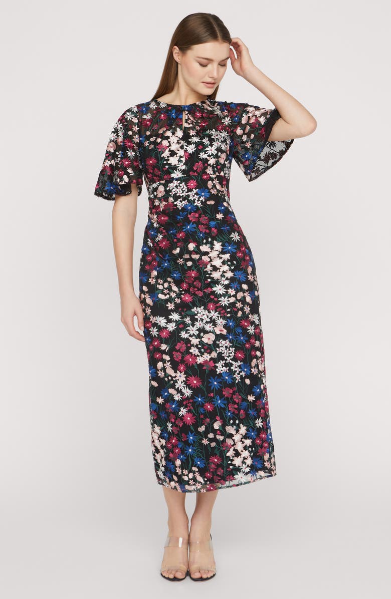 JS Collections Ursala Embroidered Flutter Sleeve Gown, Alternate, color, Black Multi