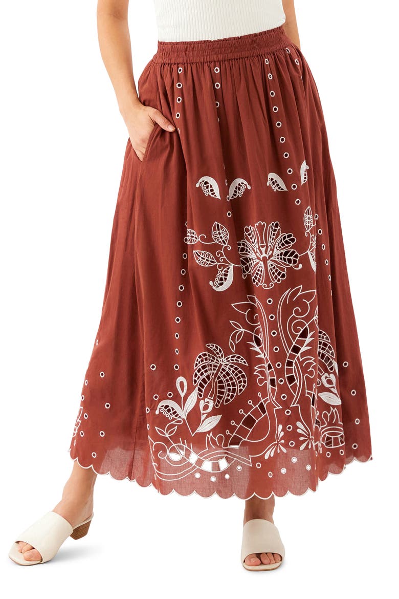 Embroidered Eyelet Cotton Midi Skirt, Alternate, color, CHOCOLATE