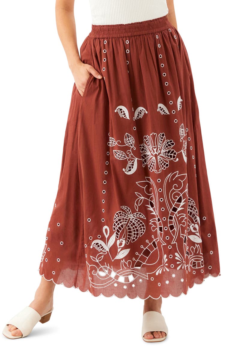 Karen Kane Embroidered Eyelet Cotton Midi Skirt, Alternate, color, Chocolate