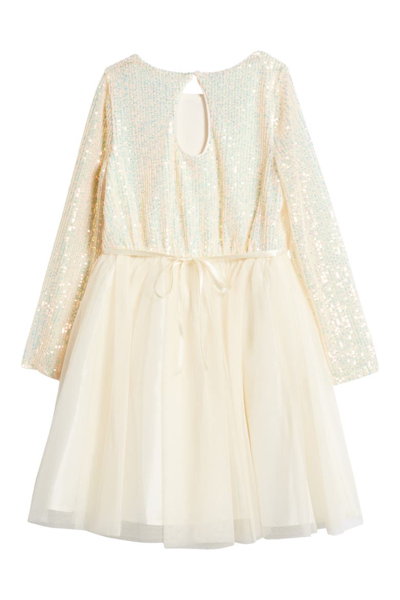 Kids' Long Sleeve Sequin & Mesh Dress, Alternate, color, CHAMPAGNE