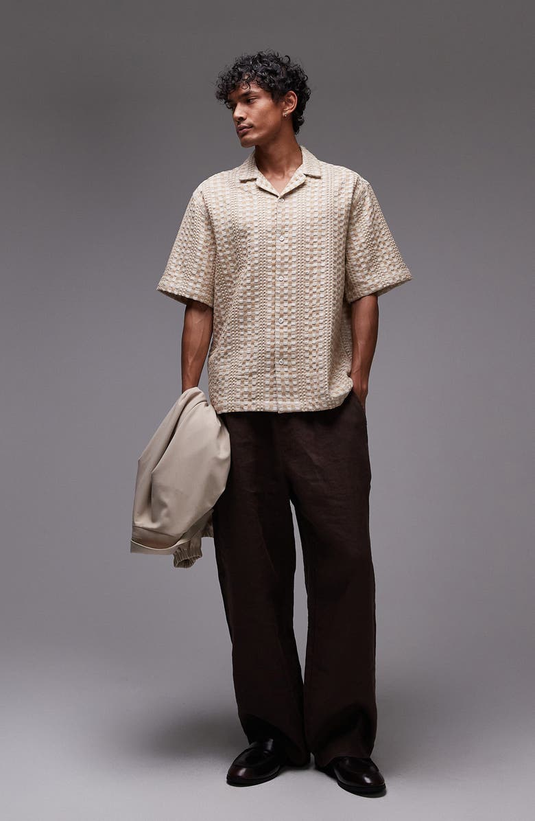 Topman Basket Weave Textured Cotton Camp Shirt, Alternate, color, Pink