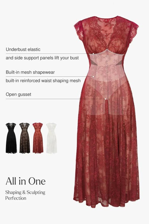 Popilush Shapewear Boho Floral Lace Front Slit Maxi Dress In Red
