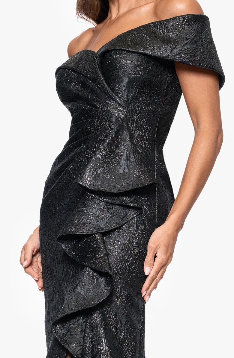 Xscape Evenings Ruffle Off the Shoulder Brocade Gown, Alternate, color, Black