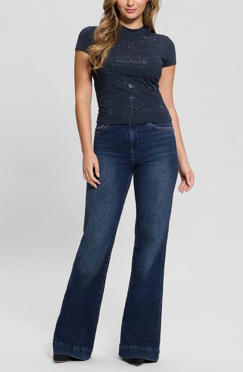Guess Rhinestone Pattern Mock Neck Organic Cotton Blend Top In Blue