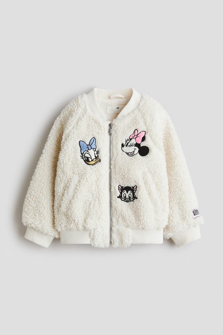 Appliquéd Teddy Bomber Jacket, Main, color, Cream/Minnie Mouse