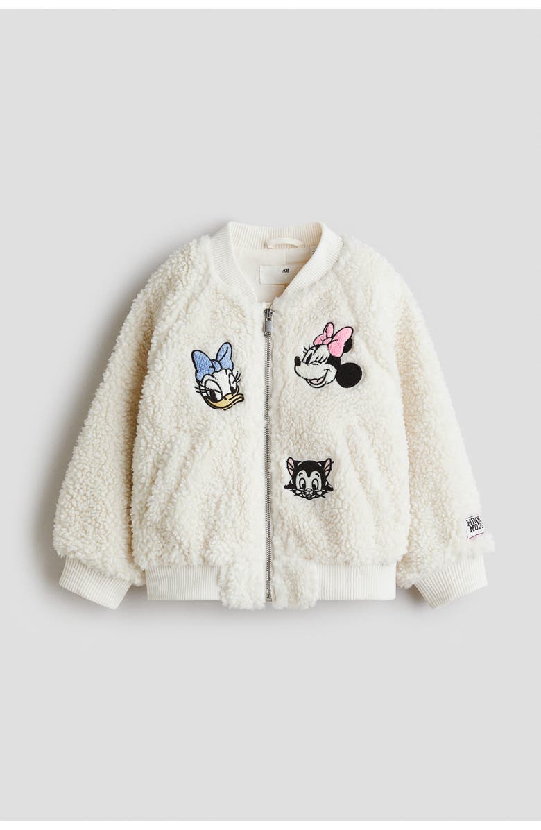 H&M Appliquéd Teddy Bomber Jacket, Main, color, Cream/Minnie Mouse