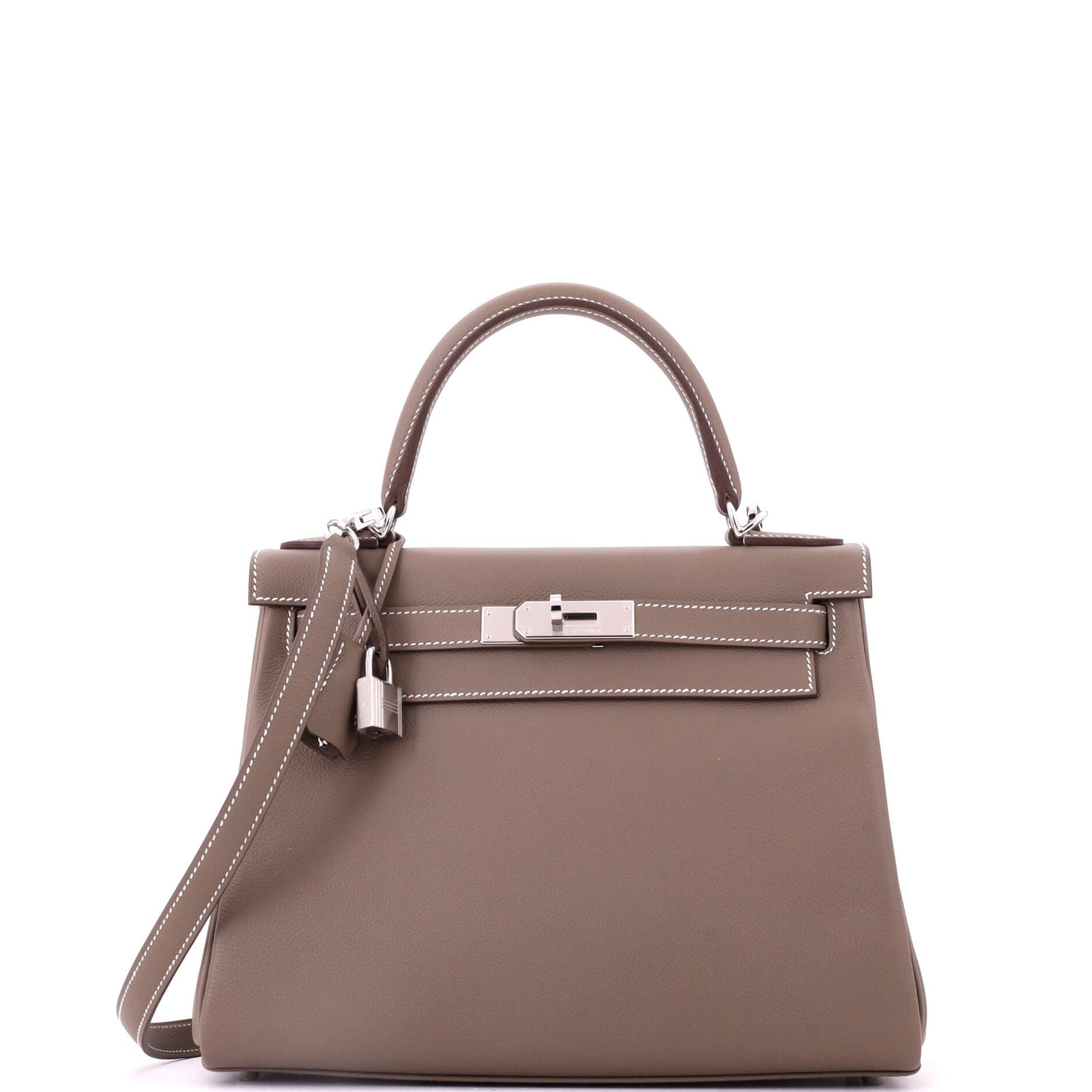 Pre-Owned Hermes Kelly Handbag Grey Evercolor with Palladium Hardware 28, Main, color, Etoupe