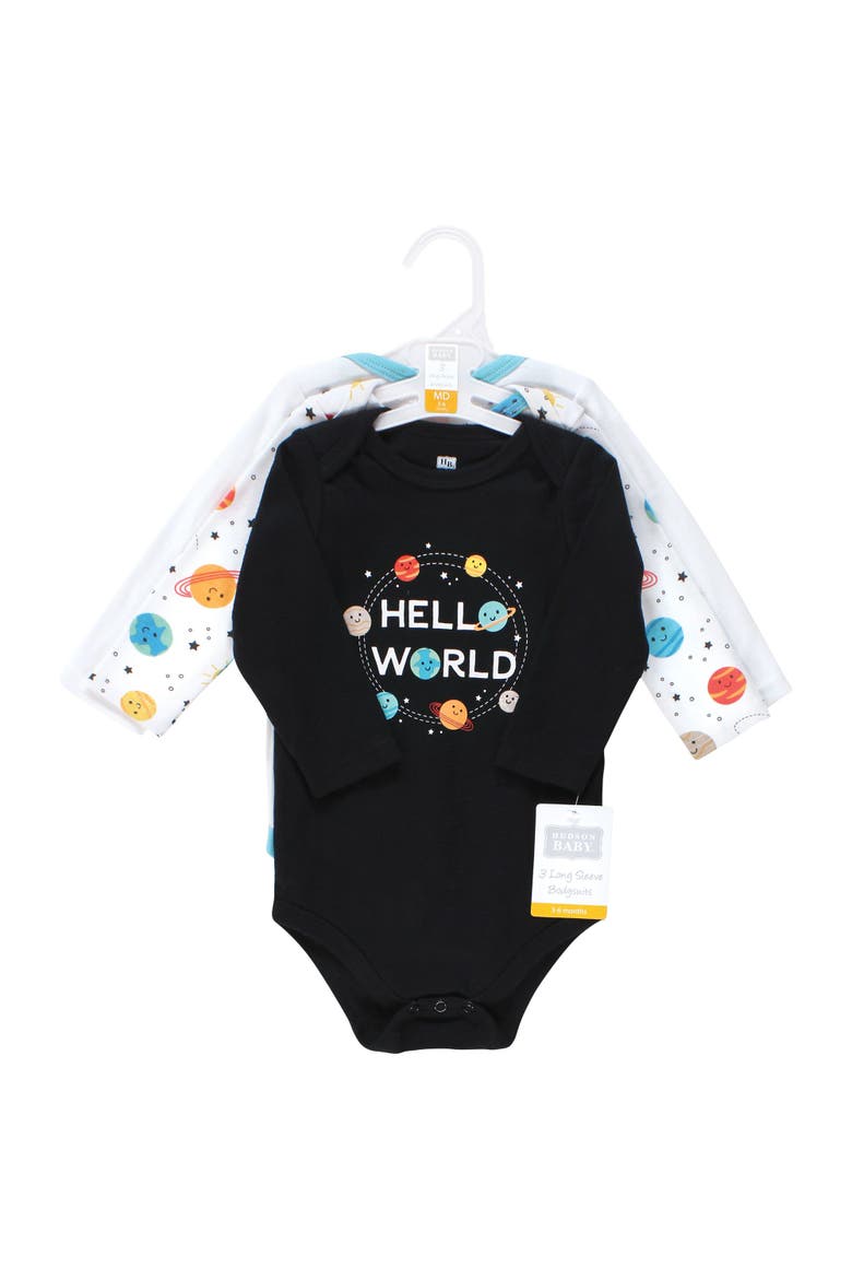 Essential Long-Sleeve Cotton Bodysuit Triple Set, Alternate, color, Happy Planets 3-Pack