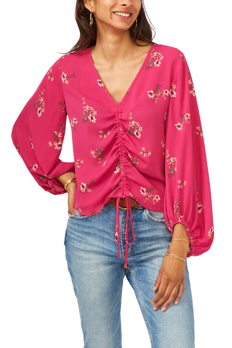 Floral Ruched Front Blouse, Main, color, FUCHSIA PINK