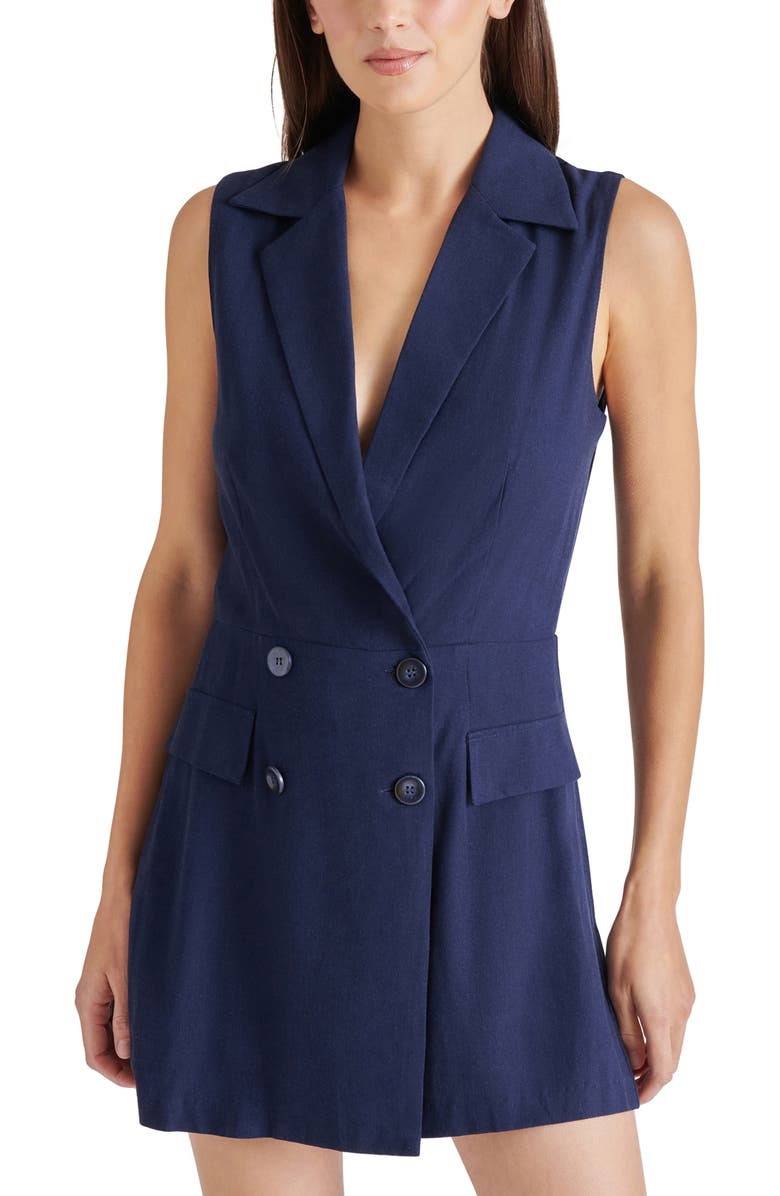 Steve Madden Paris Double Breasted Linen Blend Romper, Alternate, color, Marine