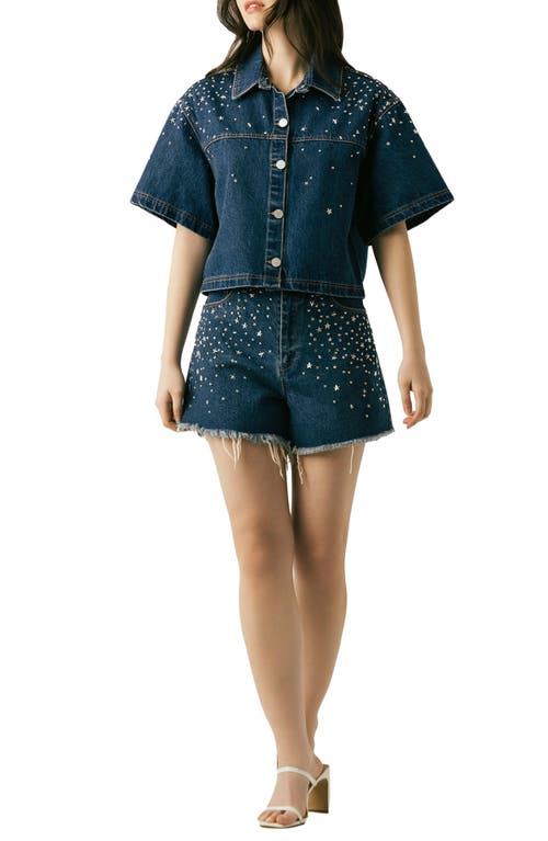 Blanknyc Stud Detail Elbow Sleeve Denim Button-up Shirt In Blue
