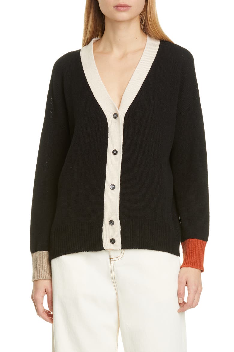 Colorblock Cashmere Cardigan, Main, color, BLACK