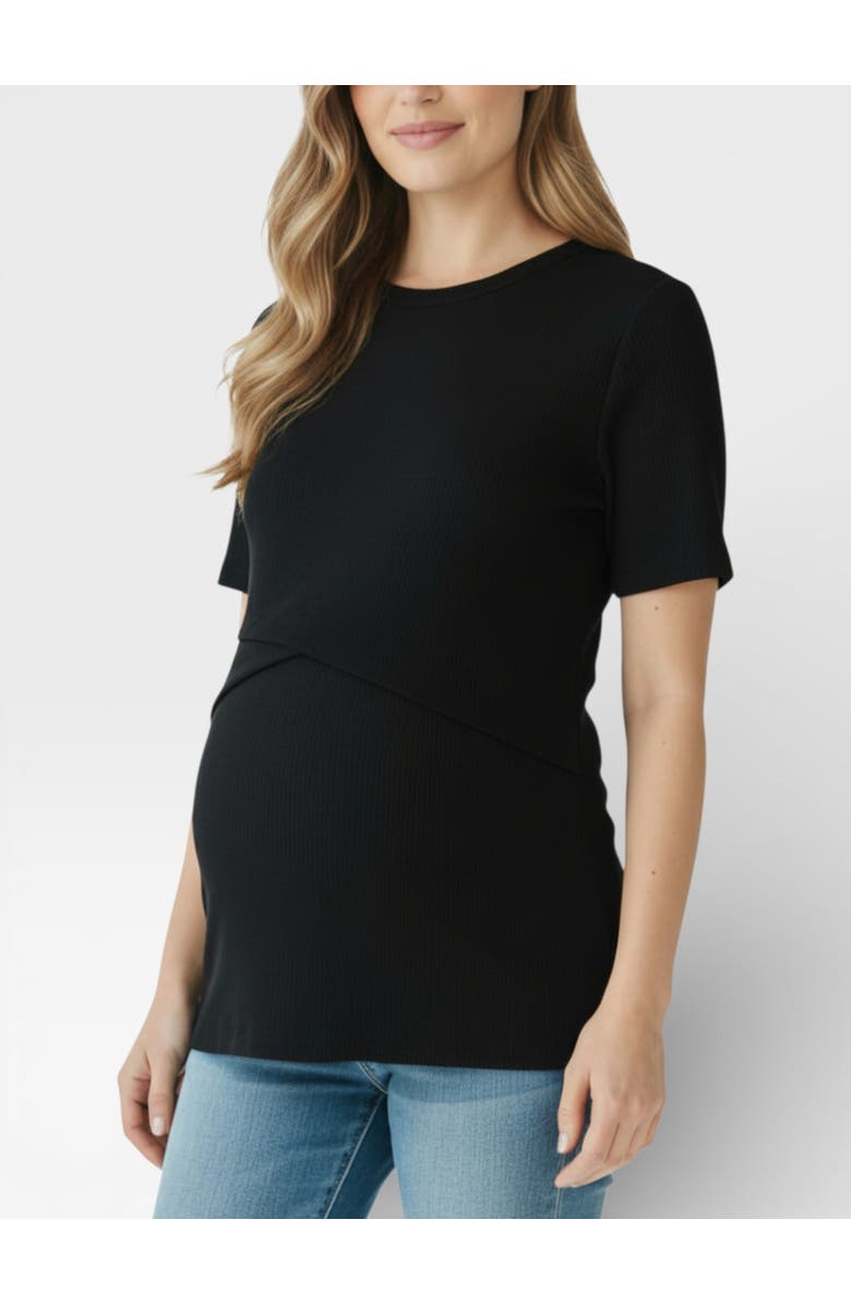 MOTHERHOOD MATERNITY Crew Neck Cross Over Nursing Short Sleeve Top, Main, color, Black
