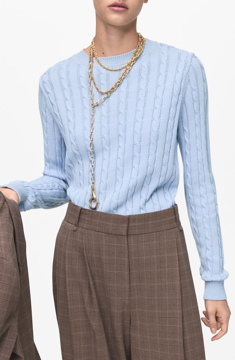 MANGO Cable Knit Cotton Sweater, Main, color, Sky Blue