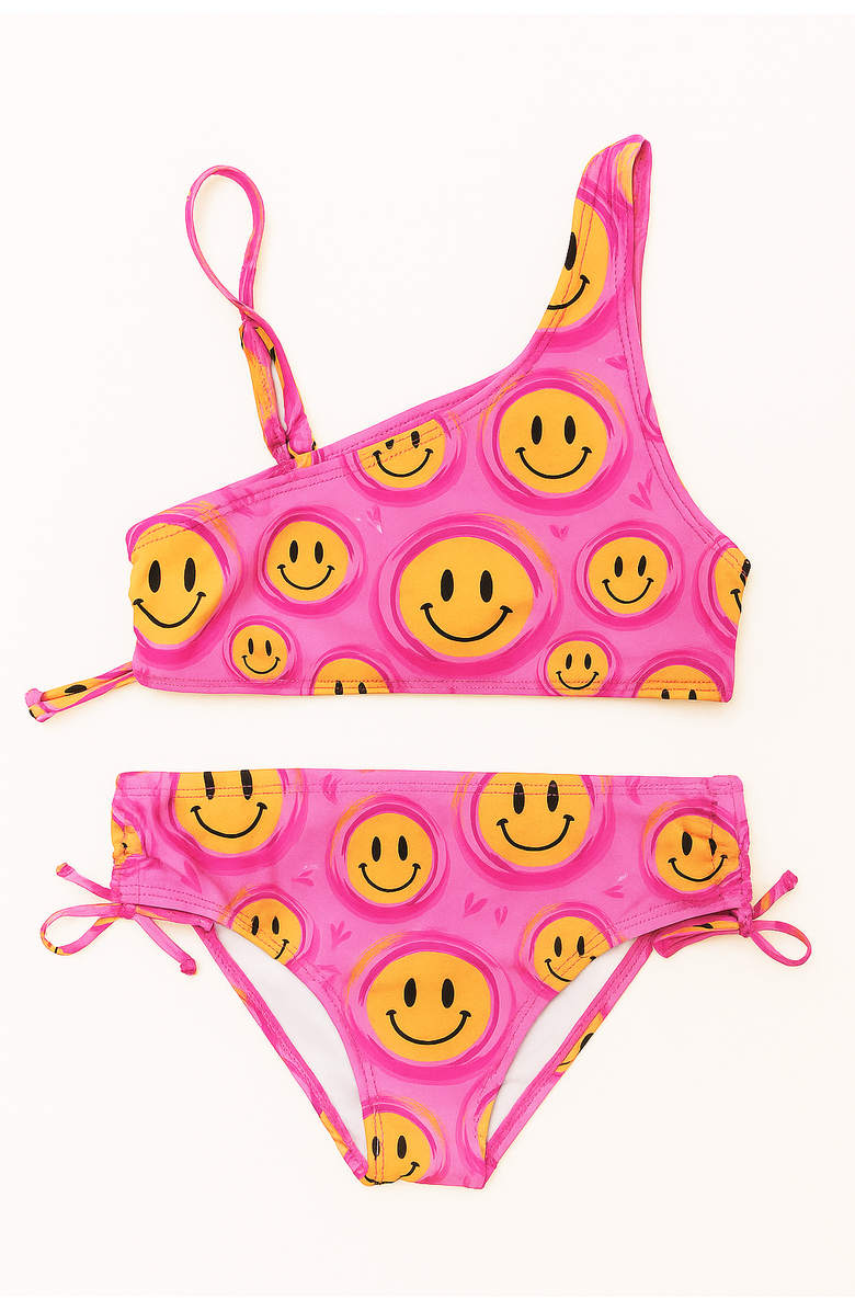 Limeapple Smiley Face Printed One Shoulder Bikini Swimsuit, Main, color, Pink Multi