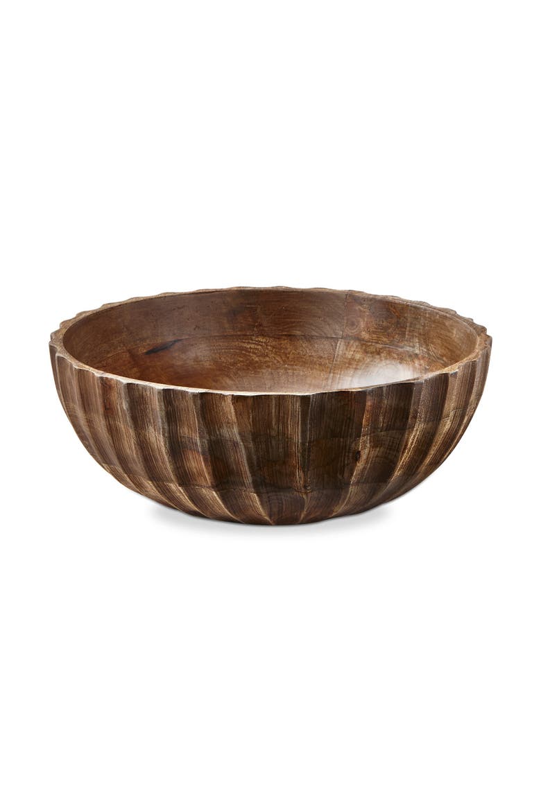 Large Fluted Wood Serving Bowl Natural Finish Hand Wash Only, Main, color, Beige