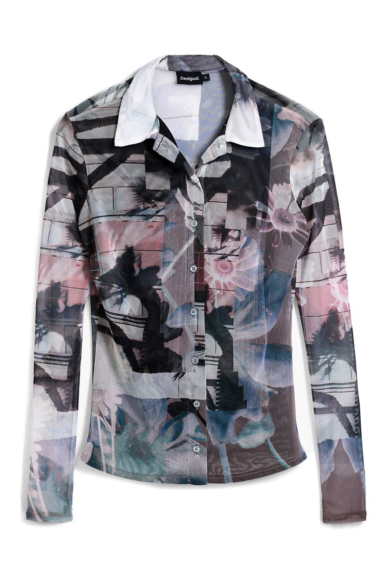 Abstract Print Mesh Button-Up Shirt, Alternate, color, NEUTRAL GRAY