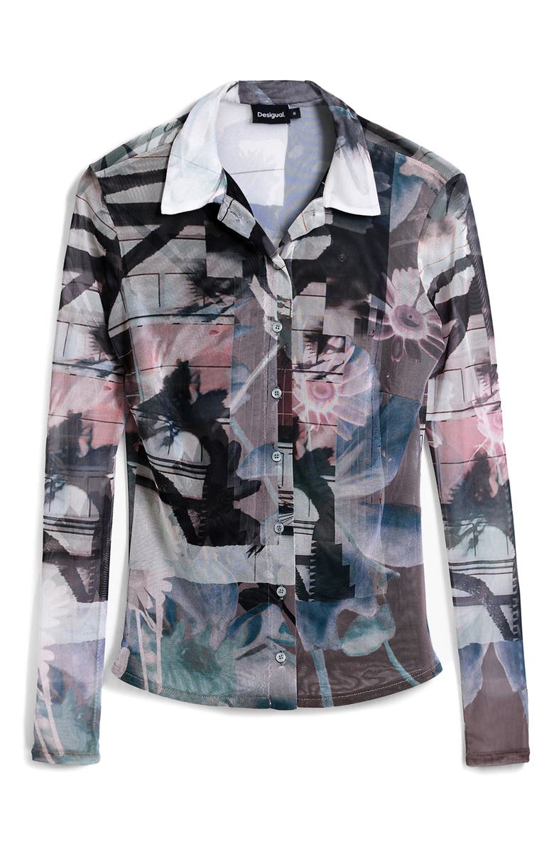 Desigual Abstract Print Mesh Button-Up Shirt, Alternate, color, Neutral Gray