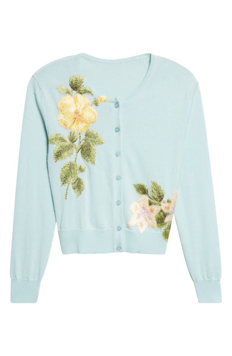 Oscar de la Renta Chiné Embroidered Dominican Floral Wool Cardigan, Alternate, color, Saltwater