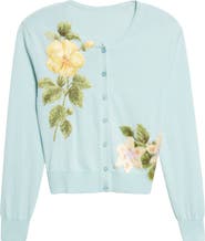 Oscar de la Renta Chiné Embroidered Dominican Floral Wool Cardigan