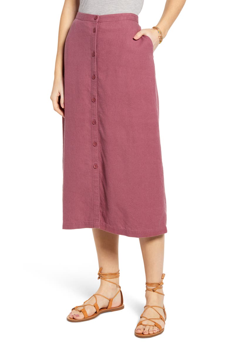Button Front Linen Blend Midi Skirt, Main, color, BURGUNDY CRUSH