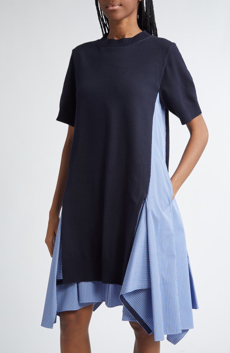 Sacai Mixed Media Poplin & Knit Dress, Alternate, color, 