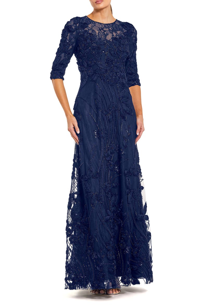 Petite High Neck Embellished Lace Gown with 3/4 Sleeves, Main, color, Navy