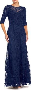 Mac Duggal Petite High Neck Embellished Lace Gown with 3/4 Sleeves