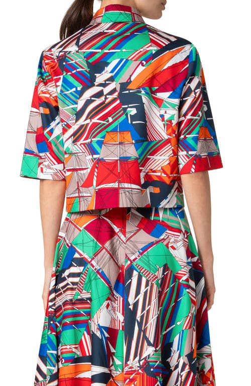 Akris Punto Sea Clipper Print Boxy Cotton Satin Blouse In Multicolor