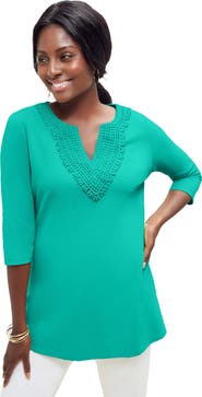 Jessica London Stretch Cotton Crochet Notch Neck Tunic