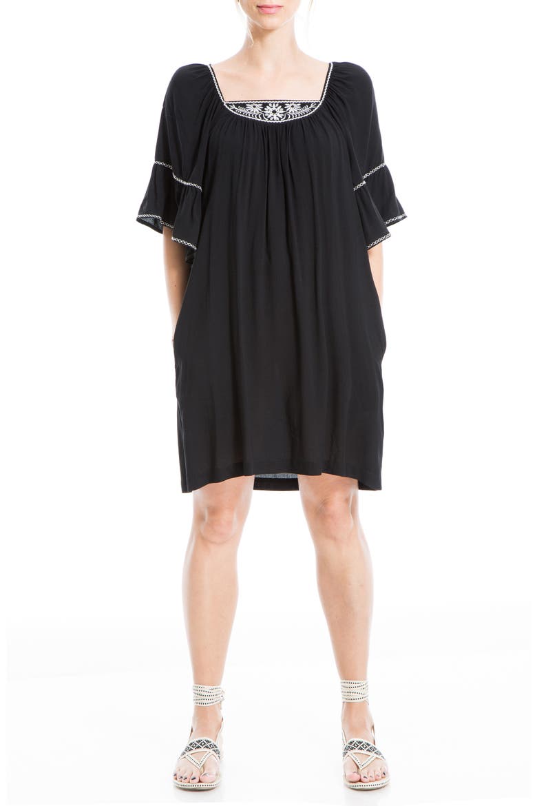 Embroidered Rayon Dobby Ruffle Dress, Main, color, BLACK/ WHITE CLEMATIS