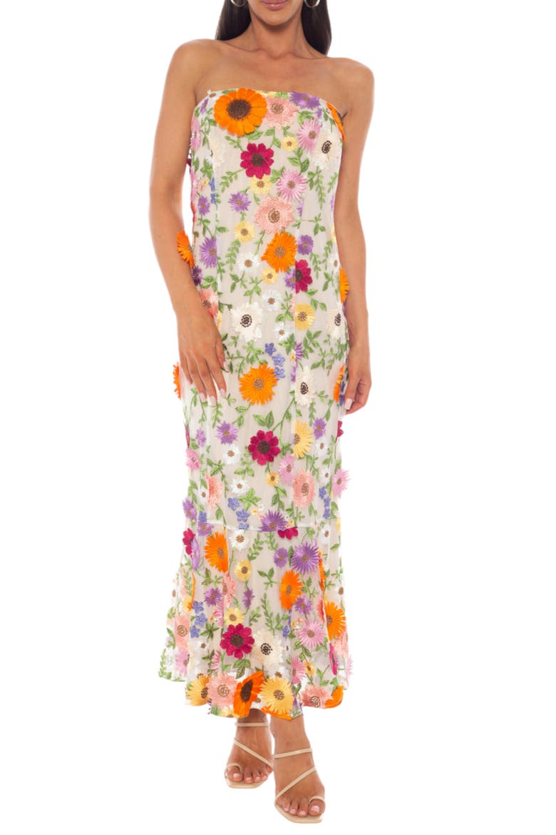 Floral Appliqué Gown, Main, color, IVORY MULTI