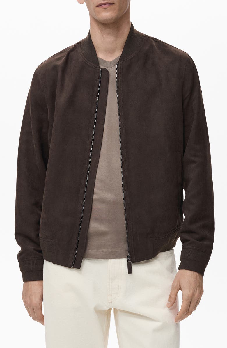 MANGO Faux Suede Bomber Jacket, Main, color, Chocolate