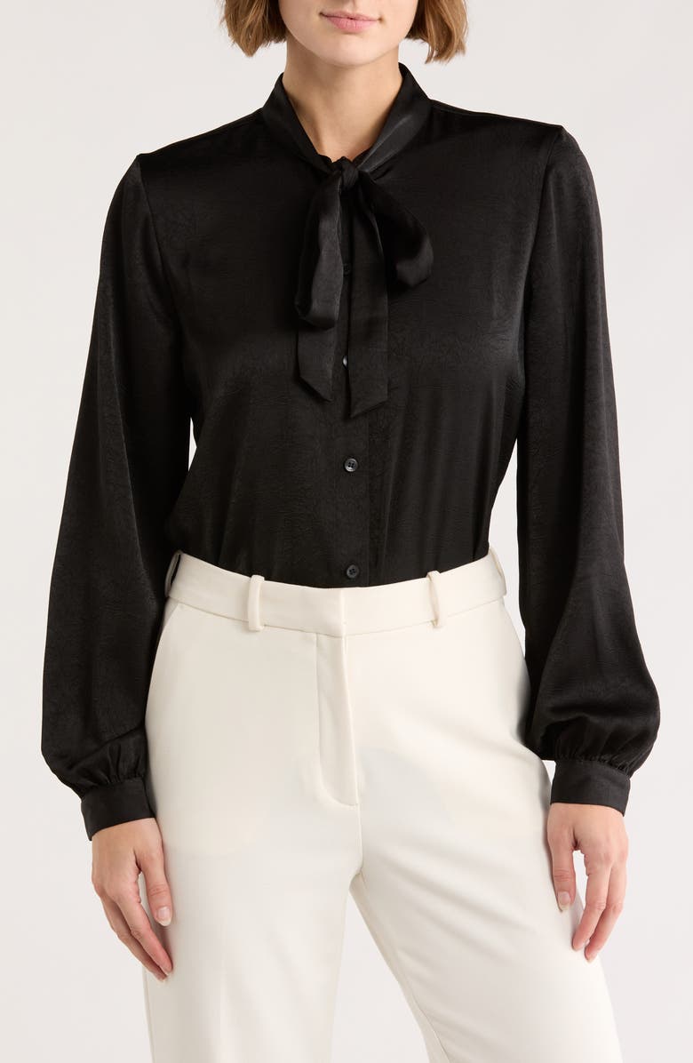 DKNY Tie Neck Crushed Satin Button-Up Shirt, Main, color, Black