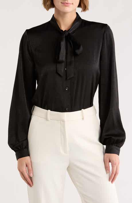DKNY Tie Neck Crushed Satin Button-Up Shirt