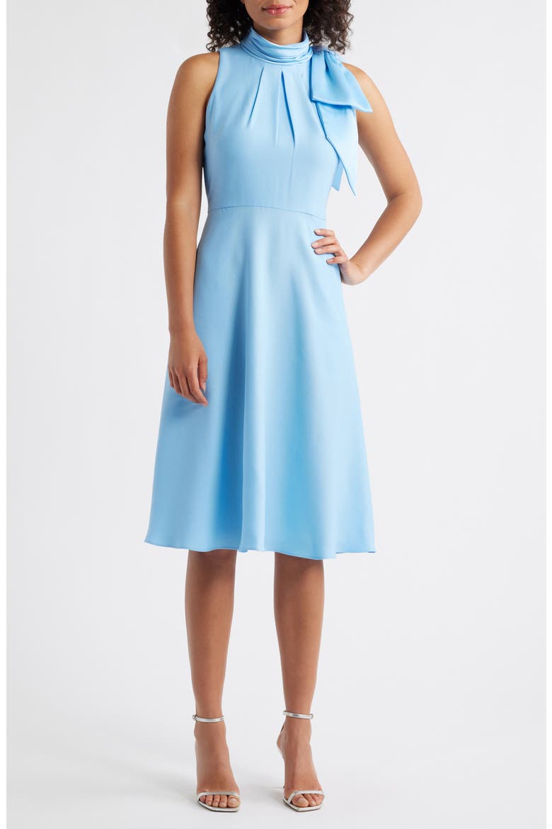 Bow Mock Neck Fit & Flare Midi Dress, Main, color, LIGHT BLUE