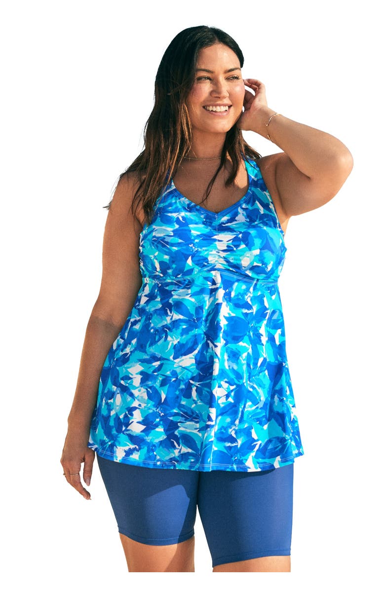 Swim 365 Longer-Length Ruched V-Neck Braided Racerback Tankini Top, Main, color, Cool Neon Floral