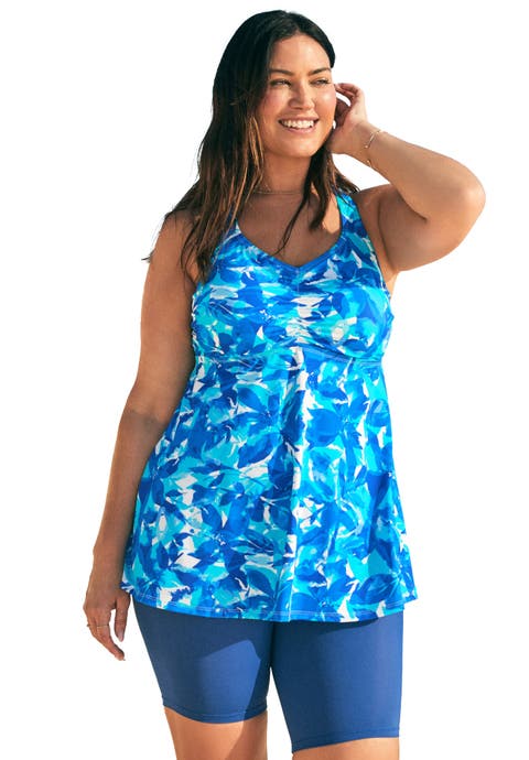 Longer-Length Ruched V-Neck Braided Racerback Tankini Top (Plus)