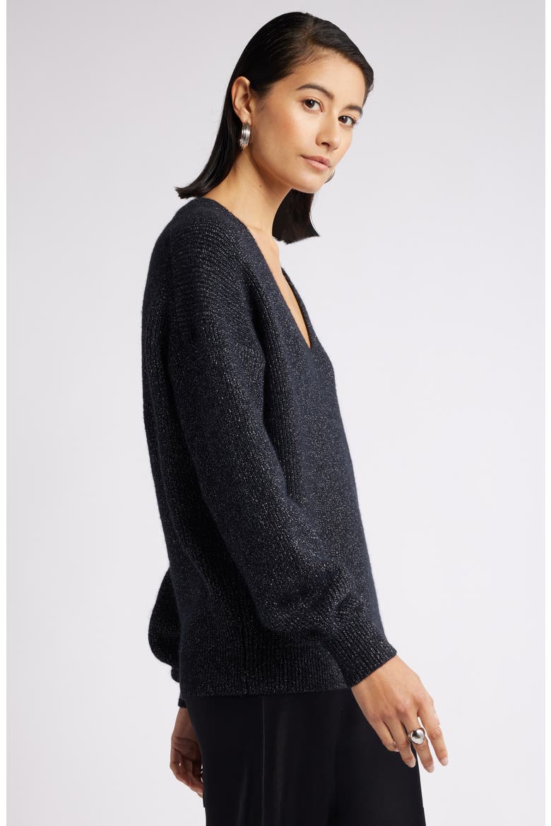 Metallic V-Neck Sweater, Alternate, color, BLACK- SILVER LUREX
