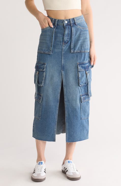 Denim Cargo Midi Skirt