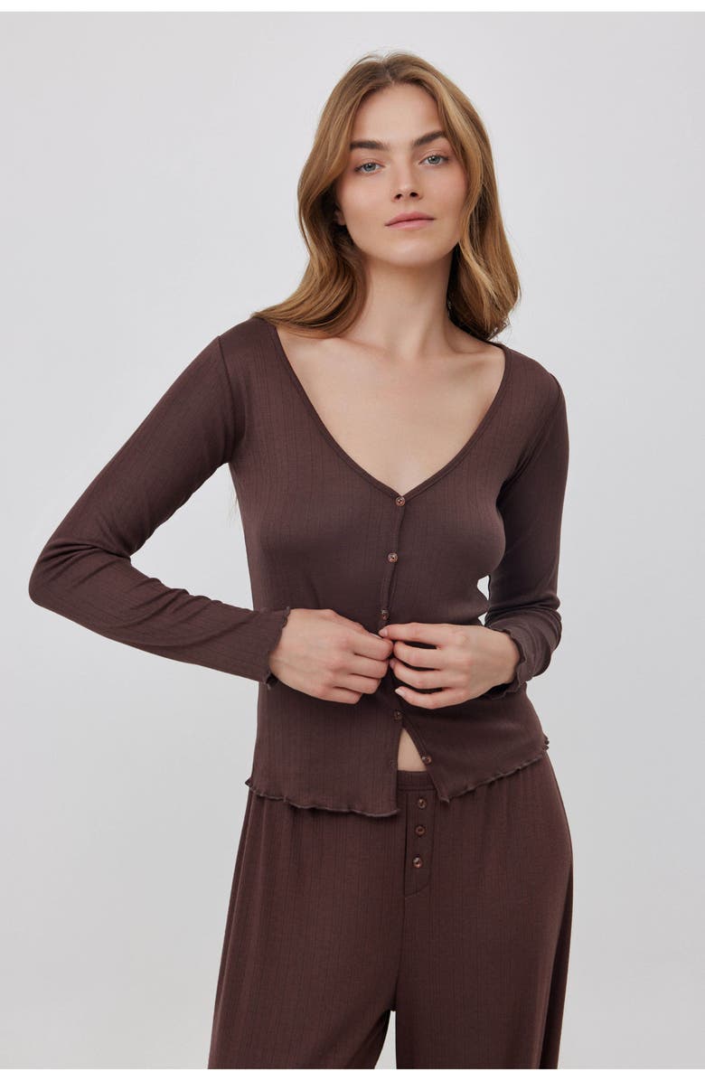 Gottex Beach Life Daydream Pointelle Buttoned Loungewear Top, Alternate, color, Brown