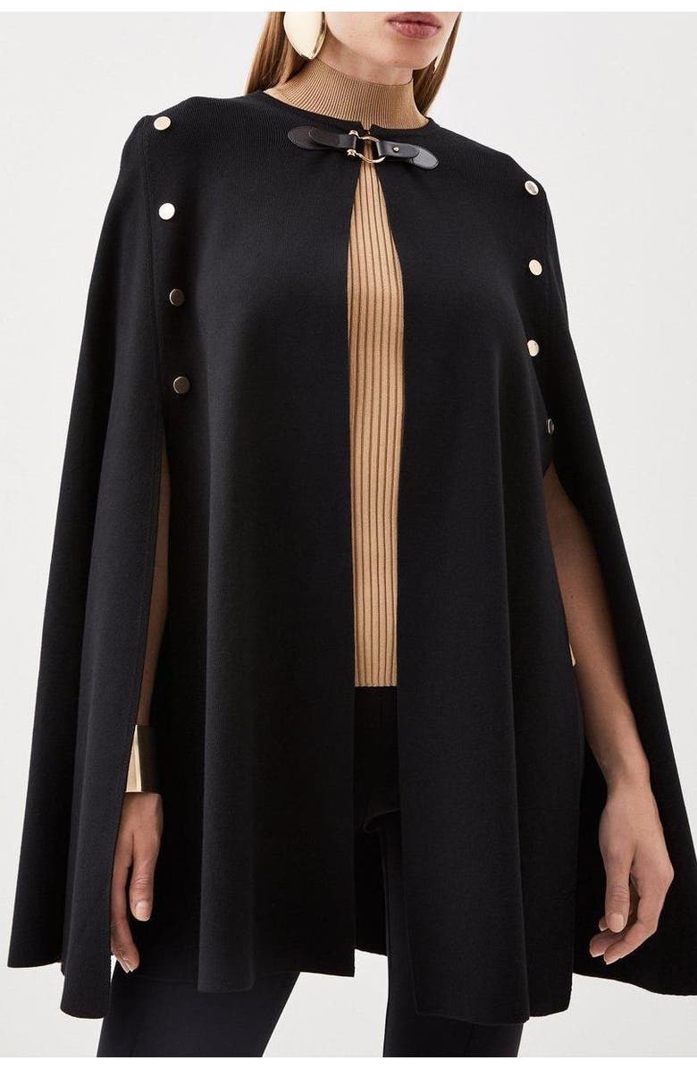 Karen Millen Popper Detail Knit Cape Coat, Alternate, color, Black
