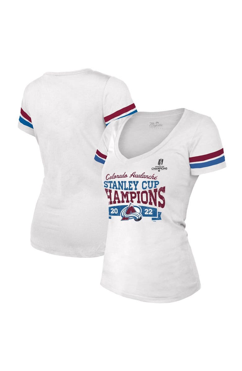 Majestic Threads Women's Majestic Threads White Colorado Avalanche 2022 Stanley Cup Champions Striped V-Neck T-Shirt, Alternate, color, 