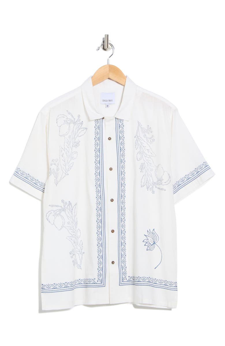 Raga Floral Border Cotton Camp Shirt, Alternate, color, Blue Sky/ White